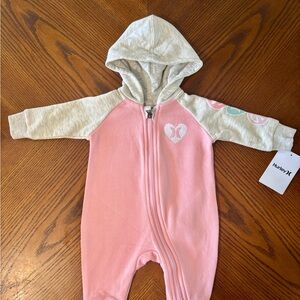 Hurley Pink and Gray Hooded Baby Onesie